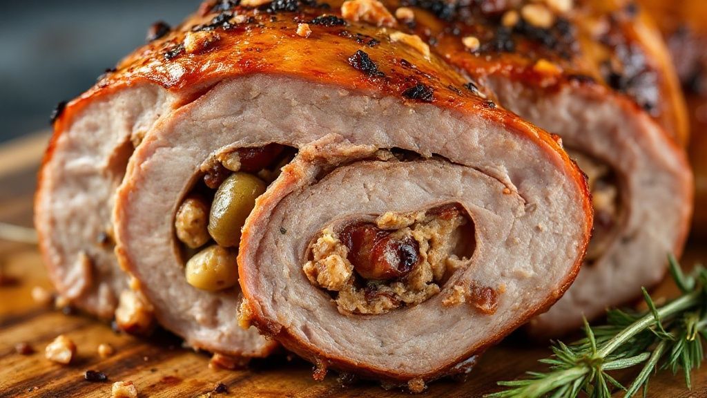 Close-up do pernil dourado fatiado, mostrando o recheio de frutas secas e nozes