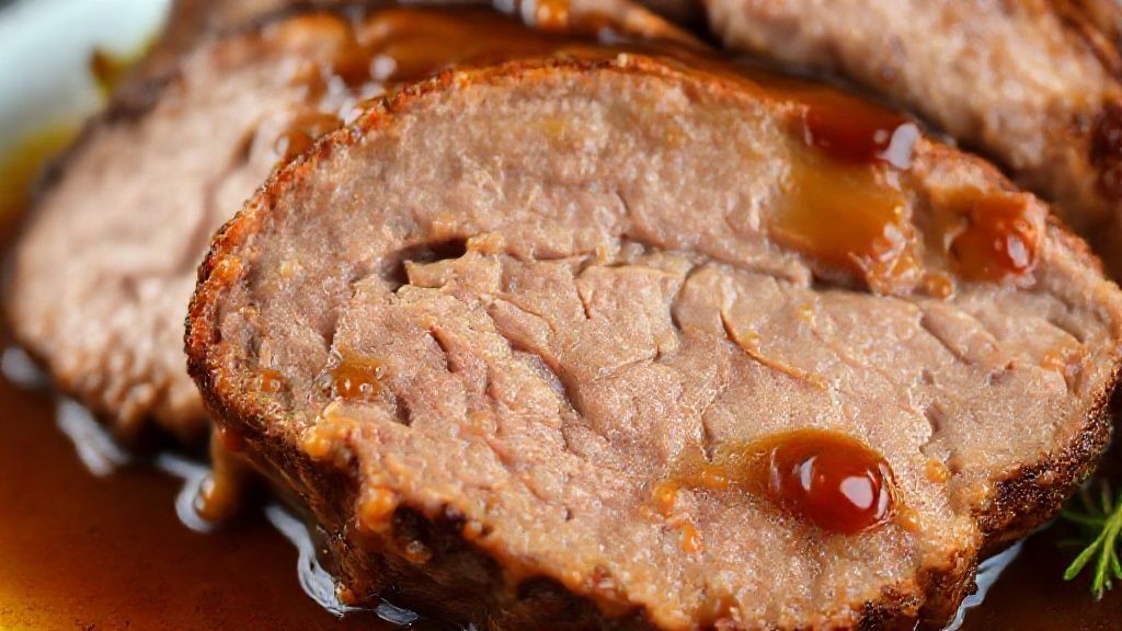 Close-up do pernil desfiando com o garfo, mostrando a textura macia e o molho espesso
