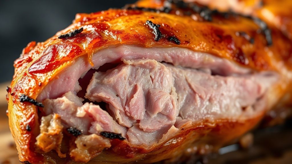 Close-up do pernil assado com casquinha crocante, mostrando a textura dourada e suculenta