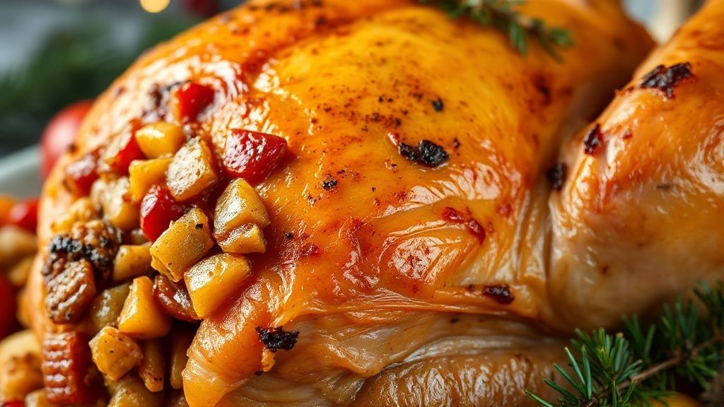 Close-up do peru dourado e da farofa colorida, destacando textura e brilho