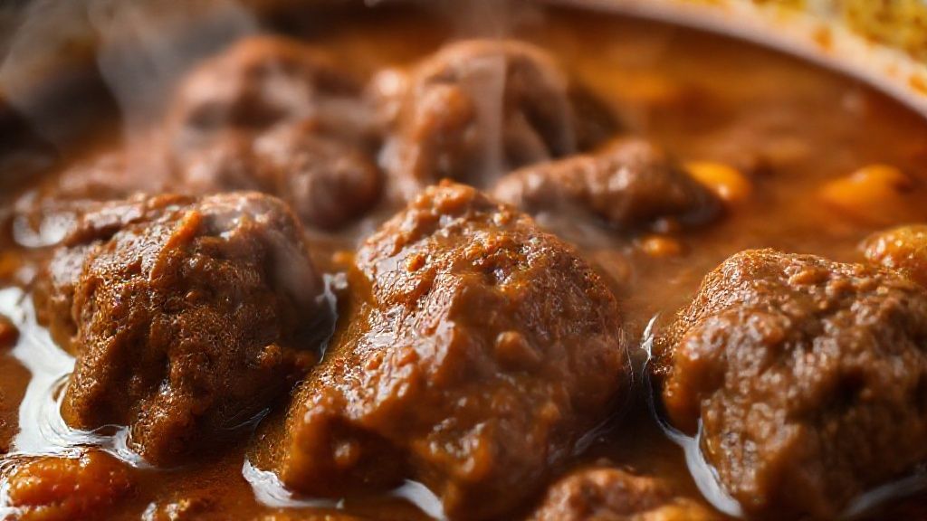 Close-up do picadinho de carne com textura do molho e brilho apetitoso, servido com arroz e farofa