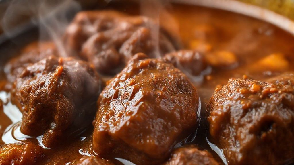 Close-up da carne macia com molho espesso e legumes coloridos