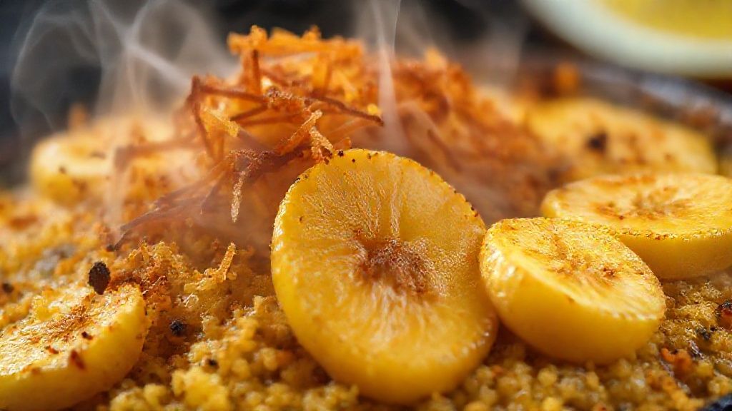 Close-up mostrando a textura dourada da farofa e as camadas do pirarucu de casaca com banana frita e ervas frescas.