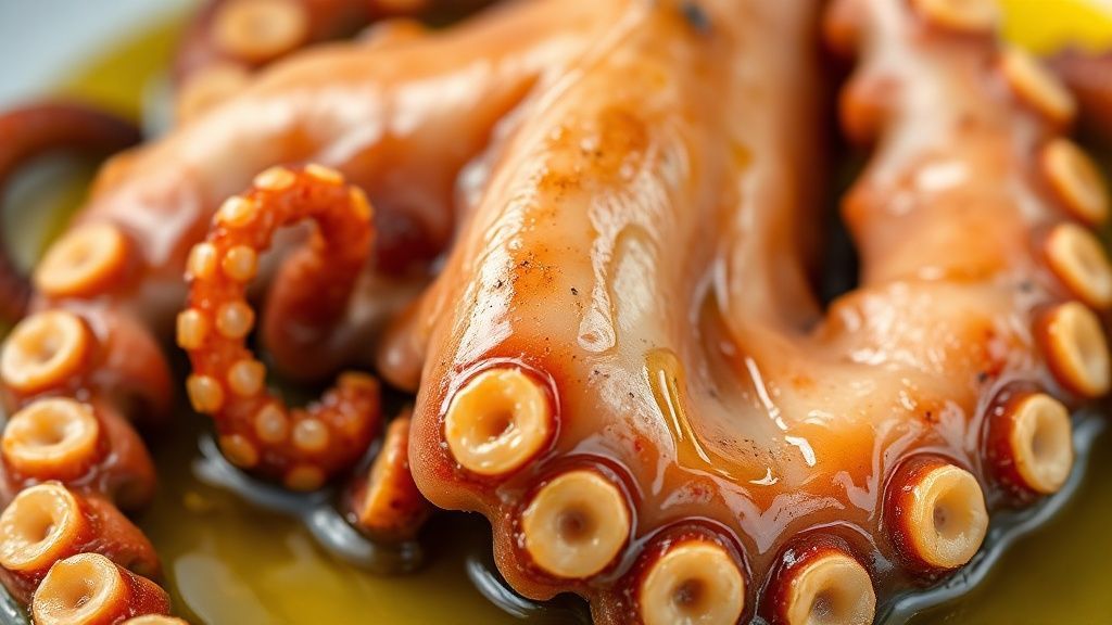 Close-up do polvo pronto, mostrando textura macia e brilho do azeite