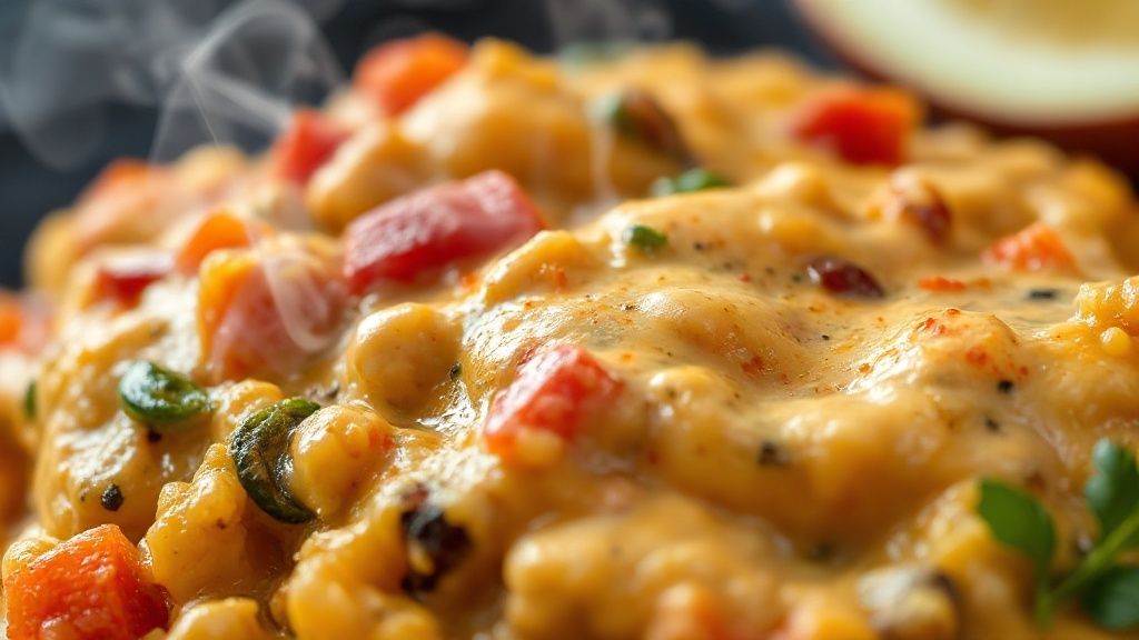 Close-up do prato africano pronto, mostrando a textura cremosa e as cores vibrantes.