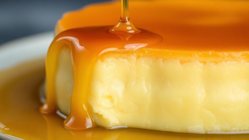 Close-up de um pedaço do pudim de abacaxi cremoso mostrando textura lisa e calda escorrendo