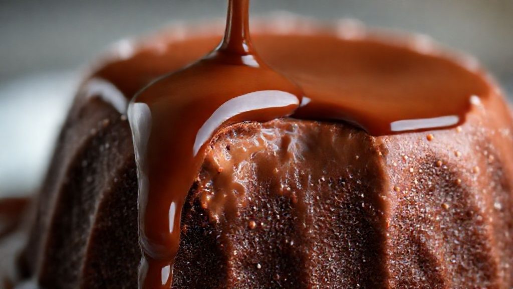 Close-up do pudim de brigadeiro cortado, mostrando textura aveludada e calda escorrendo