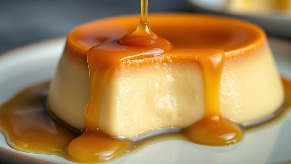 Close-up do pudim de doce de leite com calda escorrendo e textura uniforme