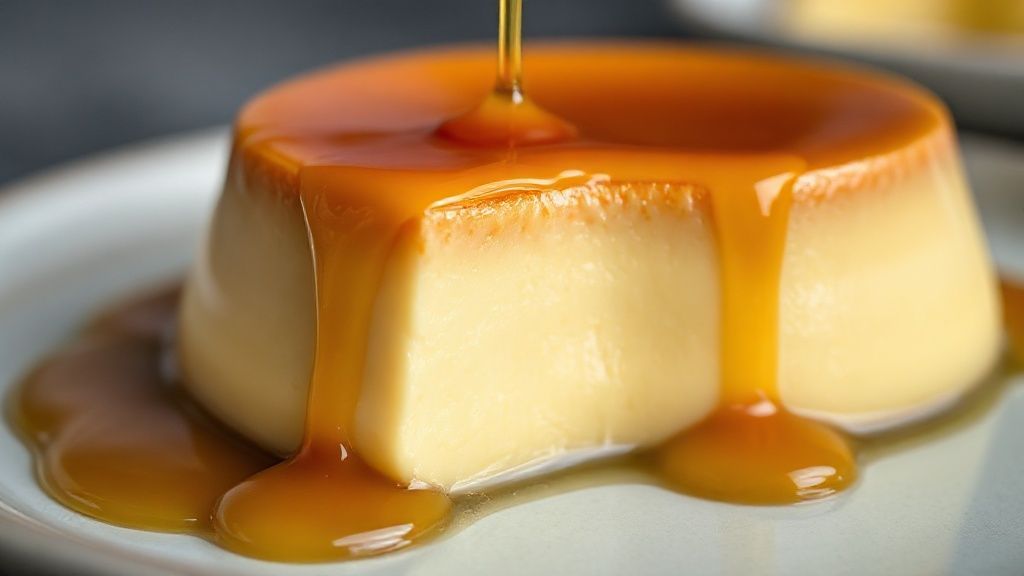 Close-up do pudim cortado mostrando a textura cremosa e calda escorrendo