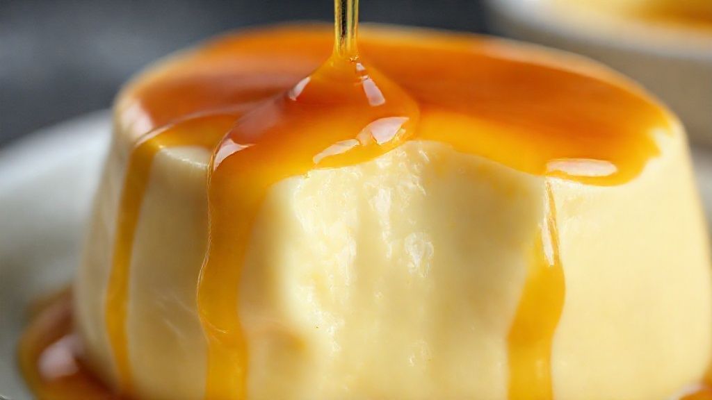 Close-up do pudim com calda escorrendo e textura cremosa destacada