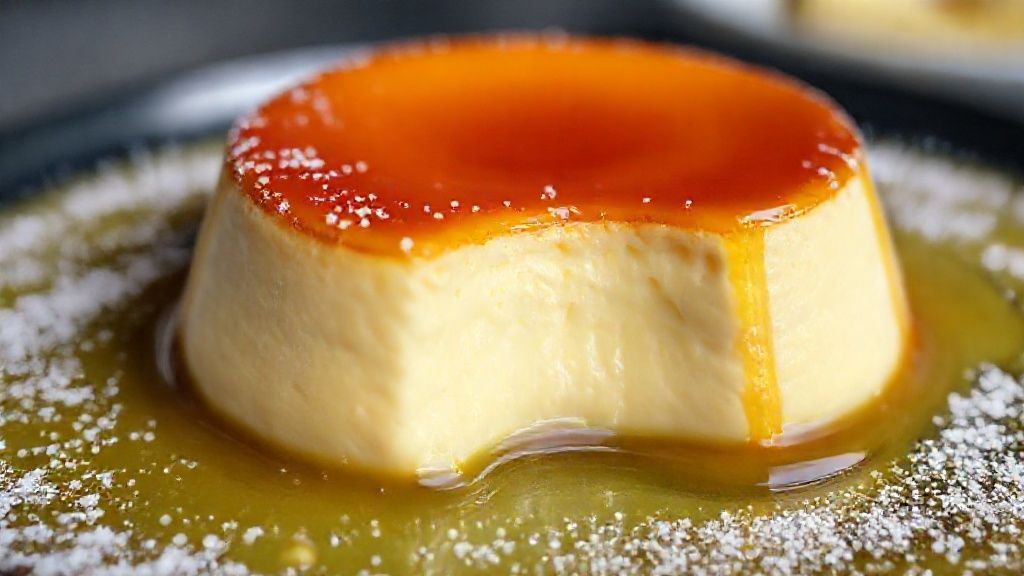 Close-up mostrando a textura cremosa e o brilho do caramelo do pudim pronto