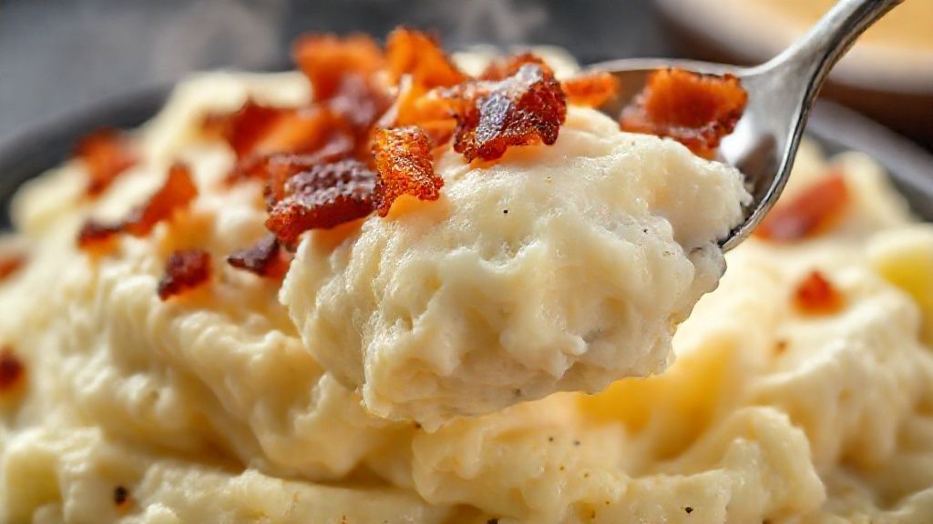 Close-up do purê cremoso com pedaços de bacon e queijo derretido, destacando a textura e o brilho