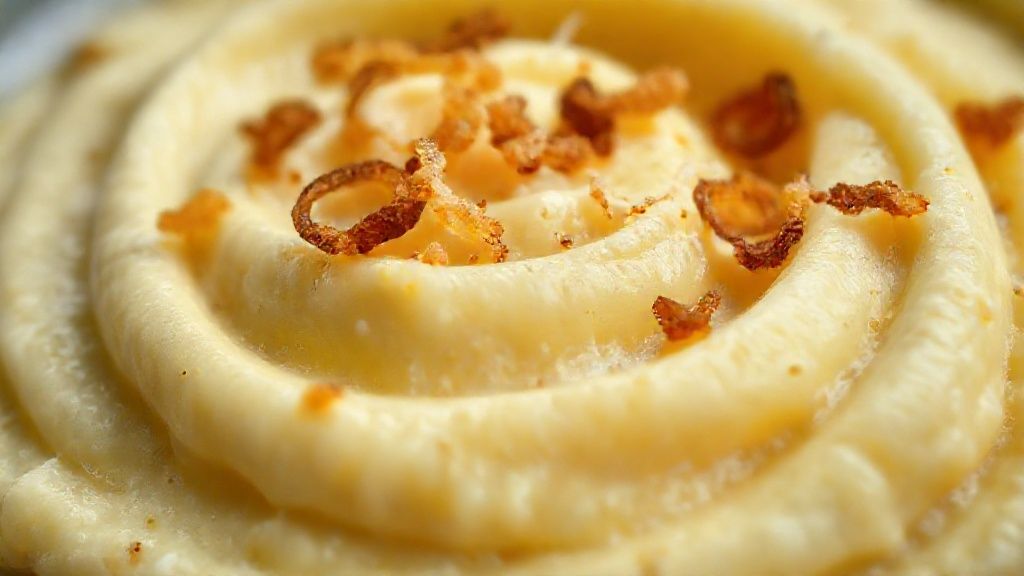 Close-up do purê pronto com cebolas crocantes por cima, destacando textura cremosa e brilho dourado