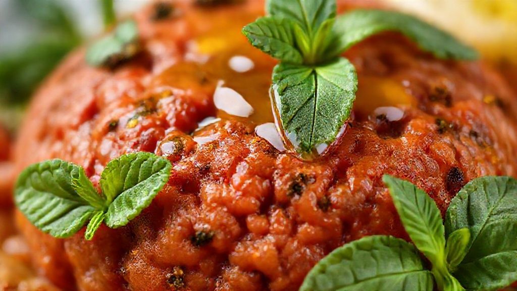 Close-up do quibe cru de tomate com textura úmida, hortelã fresca e azeite brilhante no topo
