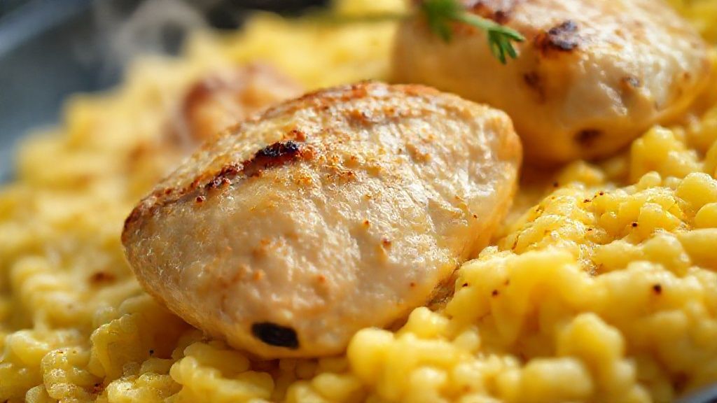 Close-up do risoto cremoso servido, destacando o brilho do parmesão e a textura aveludada dos grãos de arroz