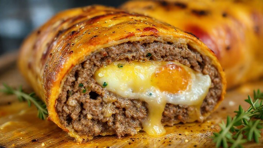 Close-up mostrando o interior do rocambole com ovos e queijo derretido.