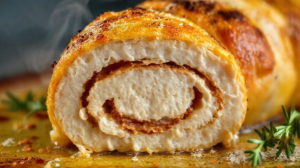 Close-up mostrando a textura dourada e a suculência do rocambole fatiado