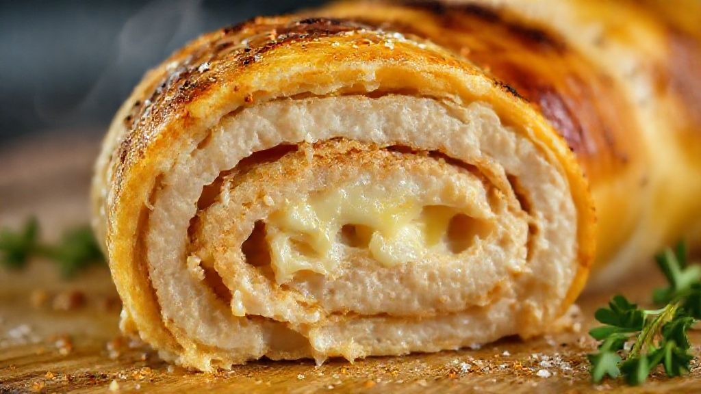 Close-up mostrando a textura do rocambole de frango recheado e o recheio cremoso