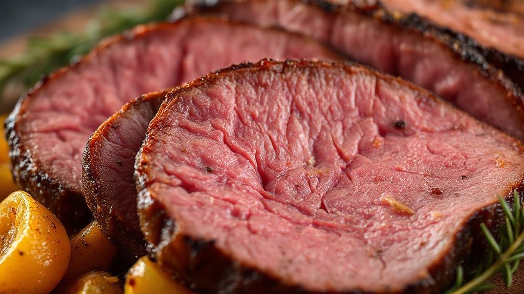 Close-up do rosbife fatiado com legumes dourados, destacando textura e brilho do molho.