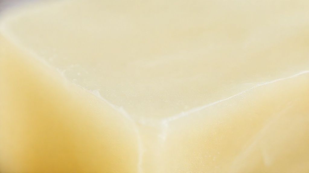 Close-up mostrando textura lisa e uniforme de uma barra de sabão caseiro pronto