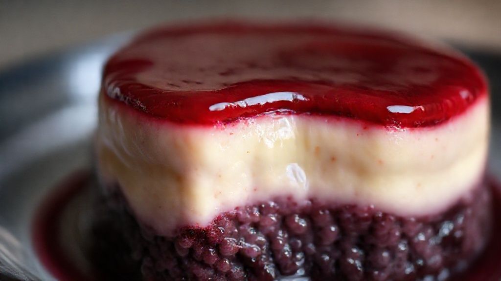 Close-up do sagu com vinho tinto finalizado, com creme inglês por cima e brilho nas bolinhas translúcidas