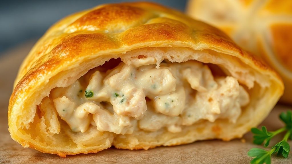 Close-up do salgado de forno dourado, mostrando o recheio cremoso de frango sendo aberto.