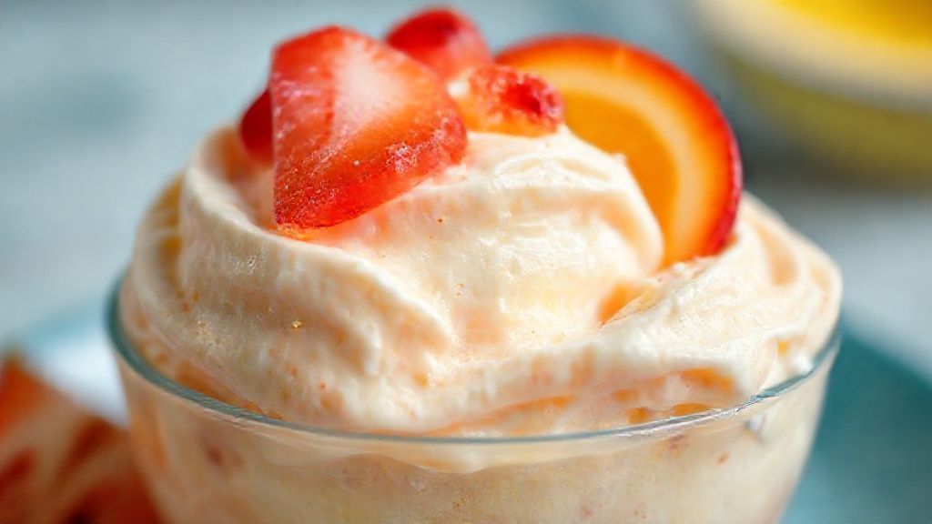 Close-up do sorvete pronto em taça, mostrando a textura cremosa e aerada, com detalhes de frutas no topo.