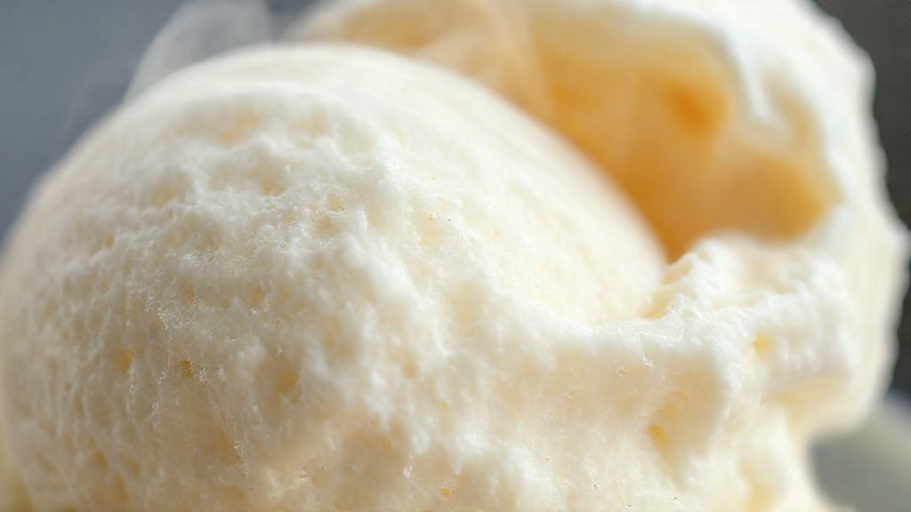 Close-up do sorvete pronto mostrando a textura cremosa, com colher mergulhando suavemente.