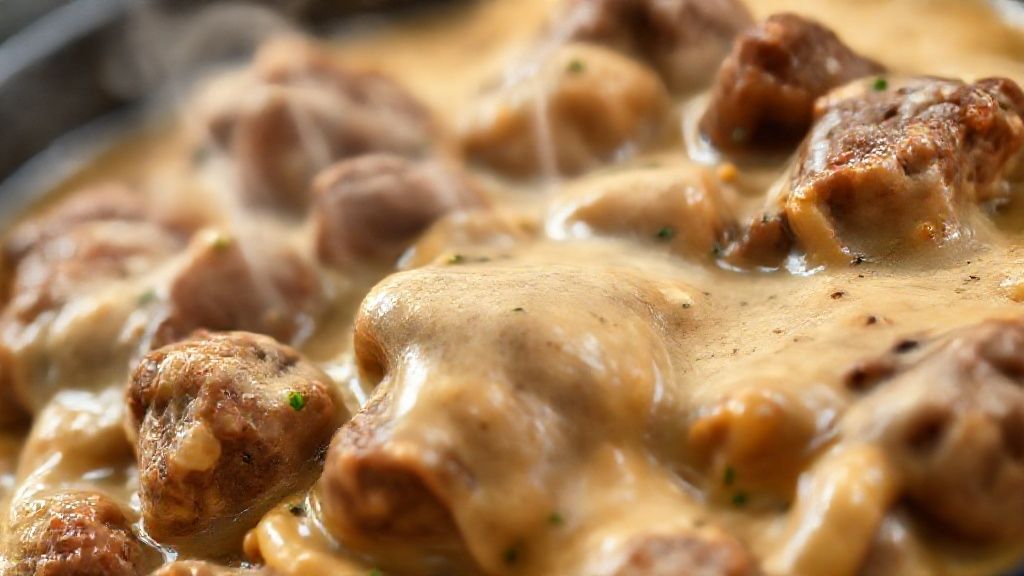 Close-up do strogonoff de carne mostrando a textura cremosa e pedaços de carne suculentos