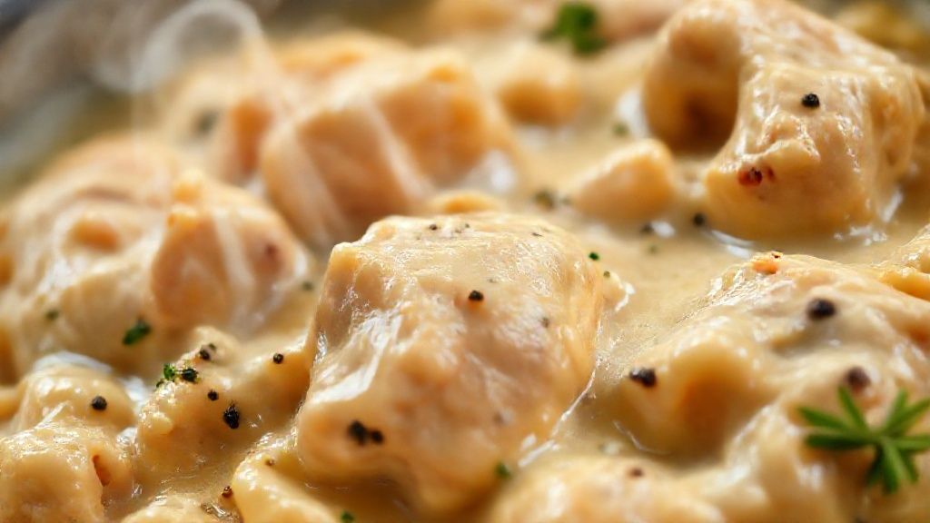 Close-up do strogonoff de frango cremoso com textura e cores apetitosas