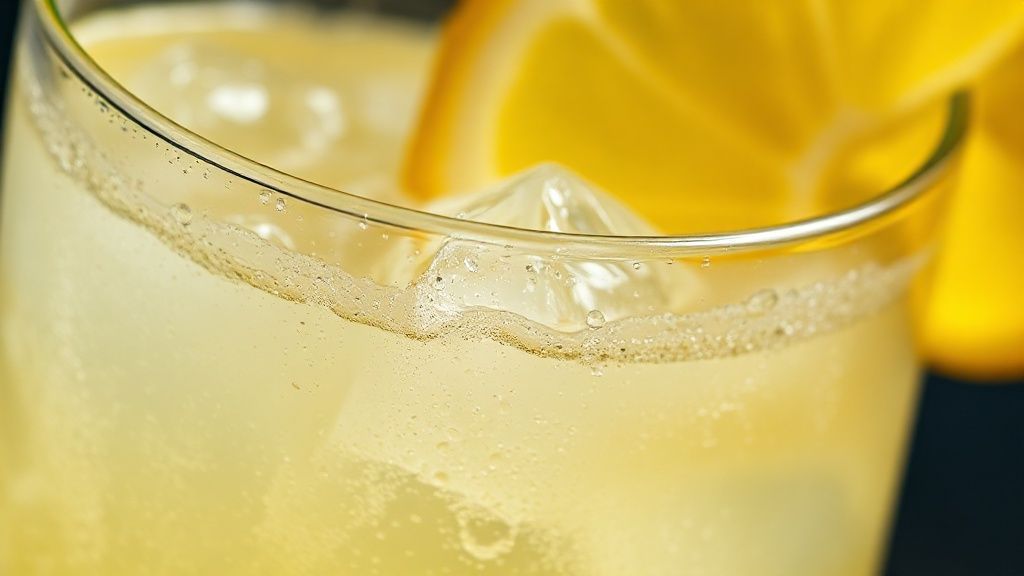 Close-up do suco de limão com casca pronto, mostrando textura e gotas de condensação no copo
