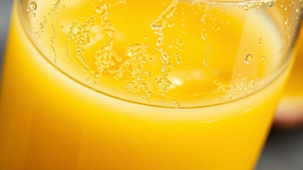 Close-up do suco de maracujá com gelo e hortelã, destacando a textura e o brilho dourado da bebida