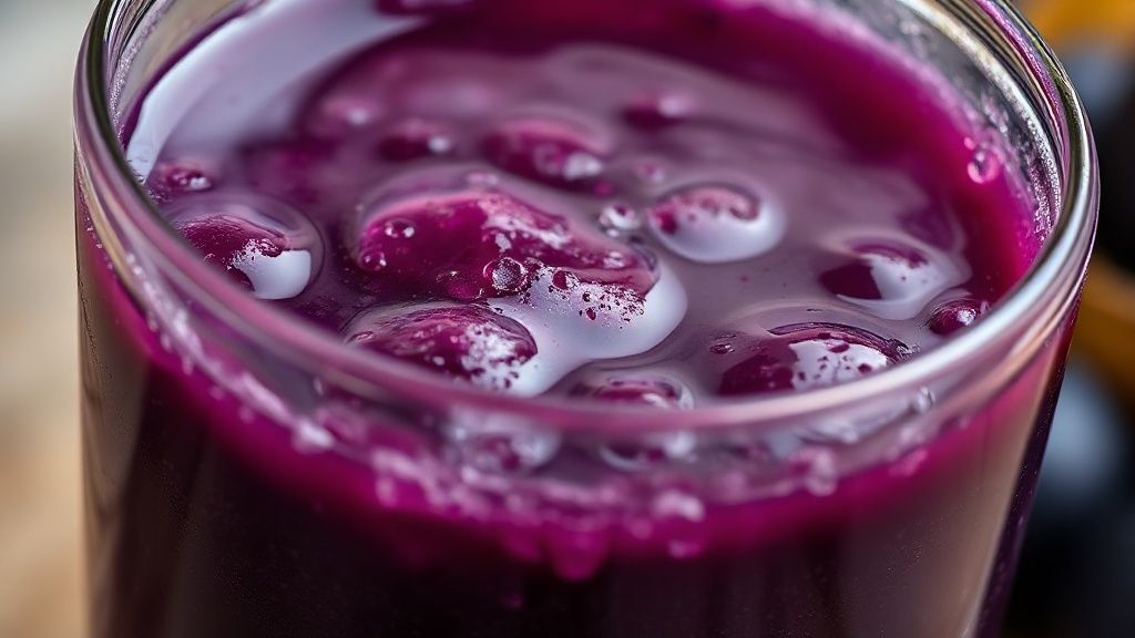 Close-up do suco de uva concentrado denso e brilhante sendo servido em copo gelado