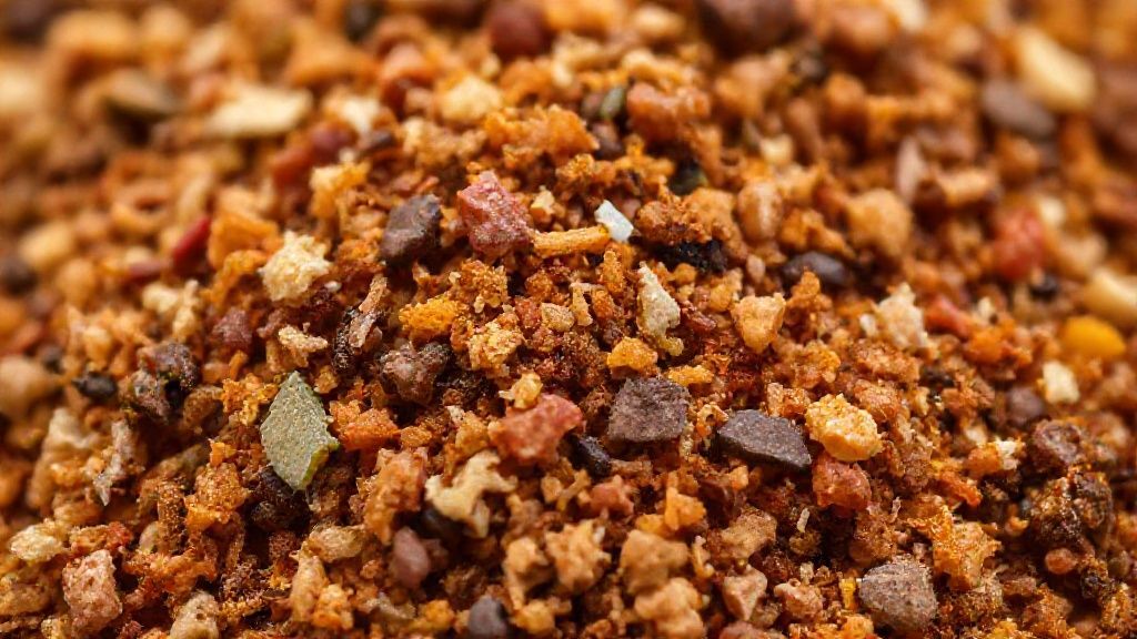 Close do tempero baiano no pote, destacando a textura e as cores vibrantes da mistura de especiarias