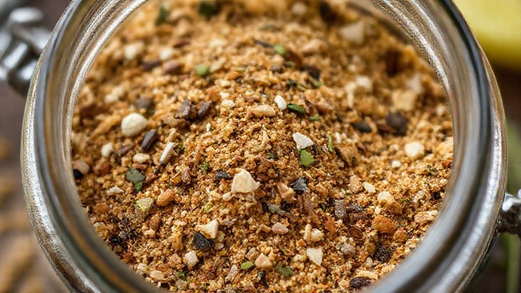 Close-up do tempero caseiro no pote, mostrando textura cremosa e pedacinhos de ervas
