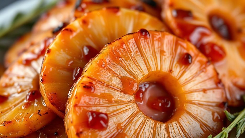 Close-up do tender fatiado, mostrando brilho caramelizado e pedaços de abacaxi ao redor