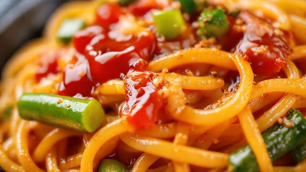Close-up do yakisoba pronto, destacando o brilho do molho e a textura dos legumes