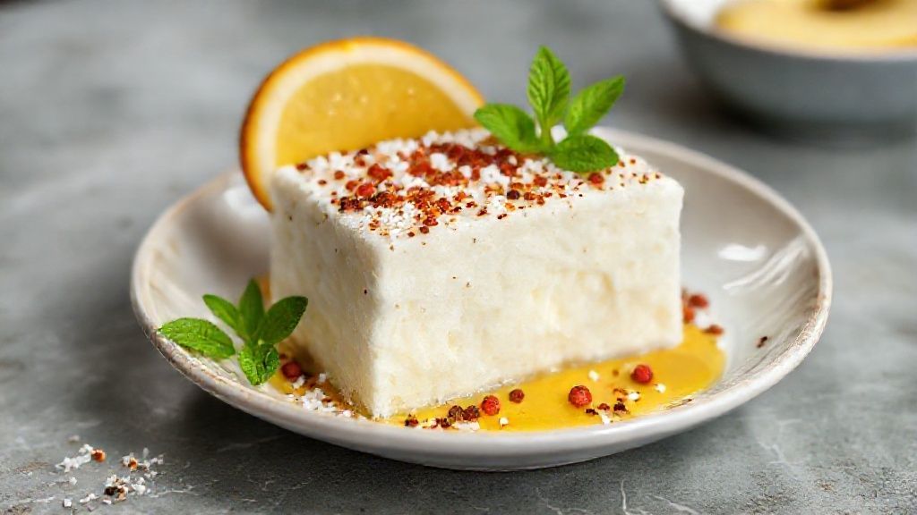 Doce caseiro de coco cremoso e dourado servido em prato branco, com textura úmida e aparência irresistível.