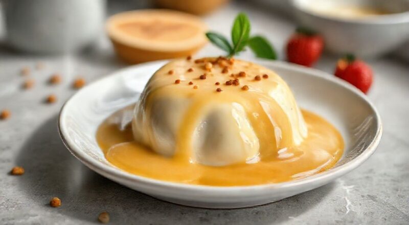 Pote de doce de leite cremoso dourado, com textura aveludada e brilho convidativo, servido com colher de sobremesa