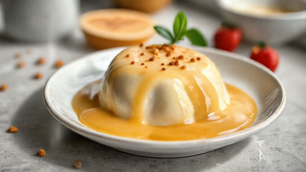 Doce de leite cremoso caseiro dourado, servido em pote de vidro com textura brilhante e aveludada