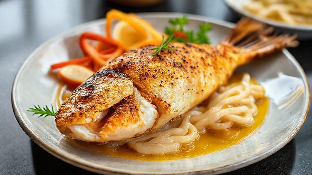 Dourado assado no forno com legumes coloridos, dourado e suculento, servido em travessa rústica