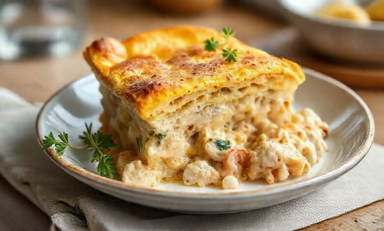 Empadão dourado, fatiado e servido em prato branco, com recheio cremoso de frango evidente.