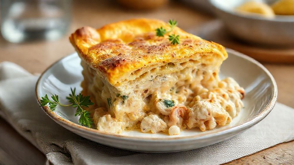 Empadão dourado, fatiado e servido em prato branco, com recheio cremoso de frango evidente.