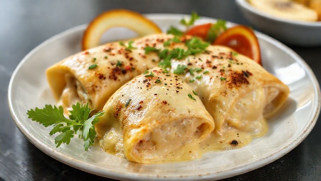 Empadinha de frango dourada e cremosa servida em prato, mostrando massa amanteigada e recheio apetitoso