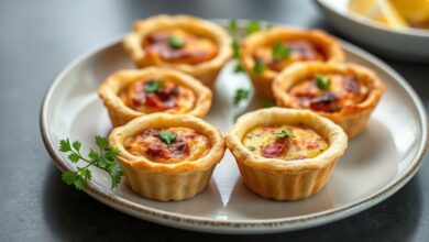 Empadinhas douradas e crocantes servidas em forminhas pequenas, com recheio de frango cremoso.