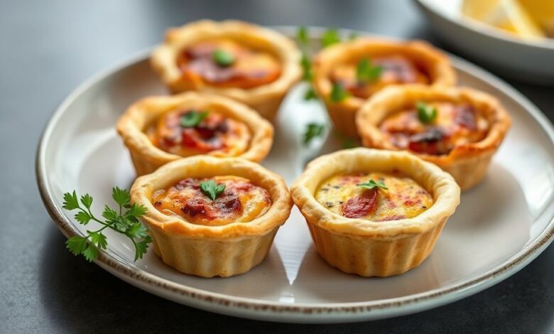 Empadinhas douradas e crocantes servidas em forminhas pequenas, com recheio de frango cremoso.