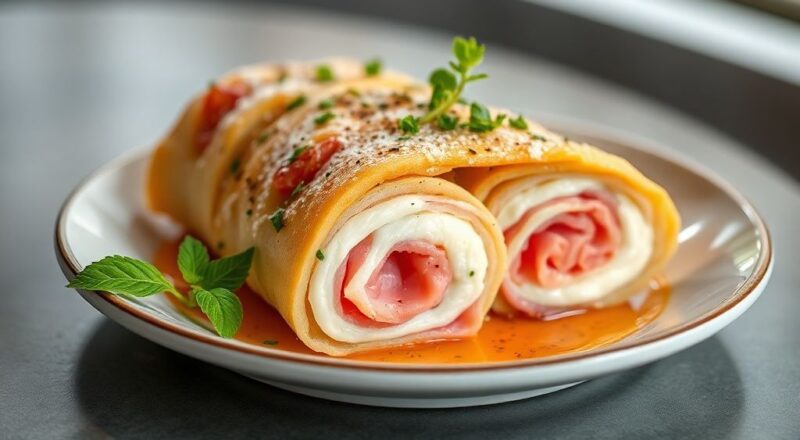 Enrolado de mussarela e presunto dourado e apetitoso, fatiado e servido sobre tábua de madeira