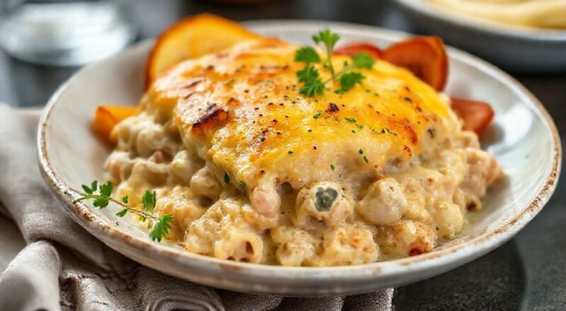 Prato de escondidinho dourado e cremoso servido em refratário, com camadas de frango e purê de batata gratinado