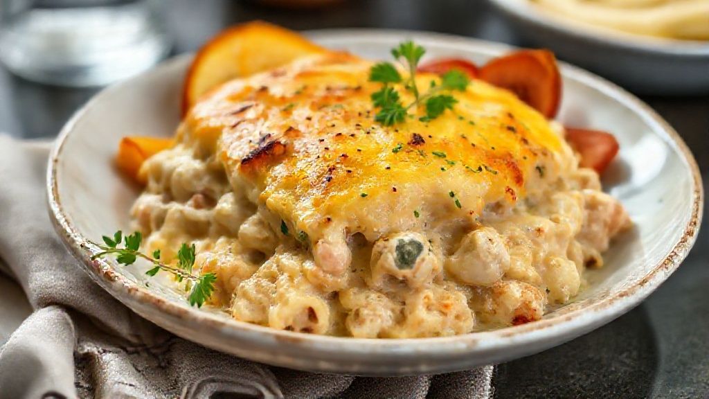 Escondidinho de frango com purê de batata cremoso gratinado, com camada dourada e textura apetitosamente macia
