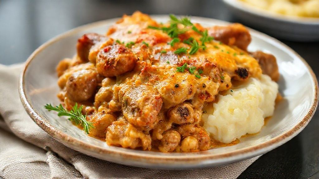 escondidinho de salsicha gratinado com purê cremoso e queijo derretido servido em refratário